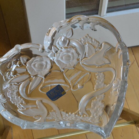 Mikasa Etched Glass Heart Wedding Anniversary Dish Bowl Bells Doves Rose Crystal - Picture 6 of 10